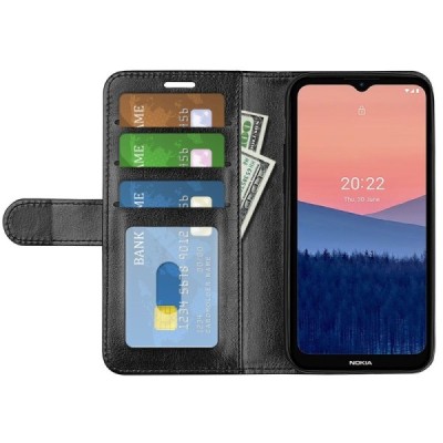 Nokia C21 открываемый черный кожаный чехол - книжка | Vacins.lv