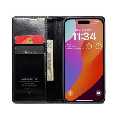 Apple iPhone 16 Pro CaseMe Leather solīds atvēramais ādas melns maciņš - maks | Vacins.lv