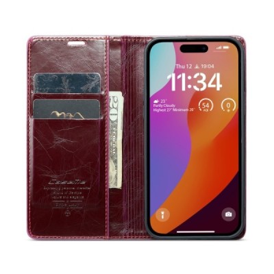 Apple iPhone 16 Pro CaseMe Leather открываемый, бордового цвета, кожаный чехол – книжка | Vacins.lv