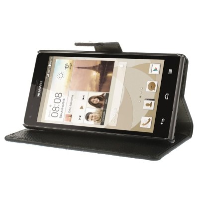 Huawei Ascend G6 atvēramais melns ādas Litchi futrālis - maciņš / Vacins.lv