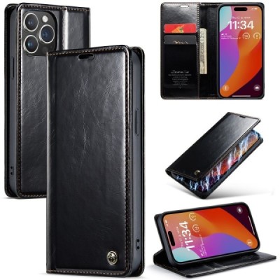 Apple iPhone 16 Pro Max CaseMe Leather solīds atvēramais ādas melns maciņš - maks | Vacins.lv