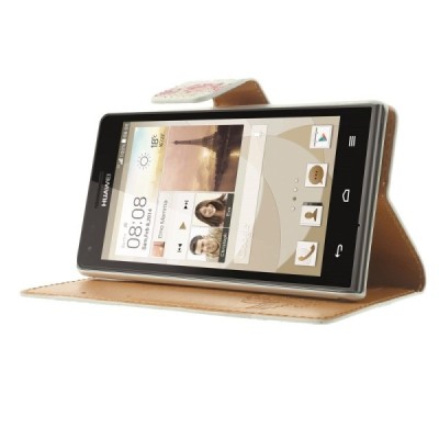 Atverčiamas Huawei Ascend G6 rožių spalvotas dėklas (piniginė) - baltas / Priedai.lt