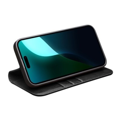 Apple iPhone 16 "QIALINO" открываемый чёрный кожаный чехол - книжка | Vacins.lv