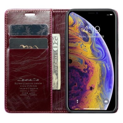 Apple iPhone X (iPhone Xs) „CaseMe“ Leather открываемый бордовый кожаный чехол - книжка | Vacins.lv