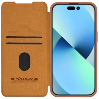 Apple iPhone 15 Plus роскошный серии Nillkin Qin Pro кожаный чехол-книжка - коричневый | Vacins.lv