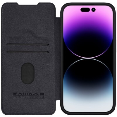 Greznais „Nillkin“ Qin Pro sērijas ādas atvērams melns Apple iPhone 15 Pro maciņš | Vacins.lv