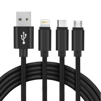 „Setty“ 3-in-1 micro USB + Type-C + Lightning vads - melns (1.2 m. / 2A) | vacins.lv