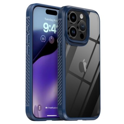 Apple iPhone 15 Pro elegants „IPAKY“ Fiber dzidrs (caurspīdīgs) silikona apvalks (apmales tumši zilā krāsā) | Vacins.lv