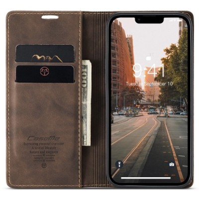 Apple iPhone 15 Plus CaseMe Retro solīds atvēramais ādas tumši brūns maciņš - maks | Vacins.lv
