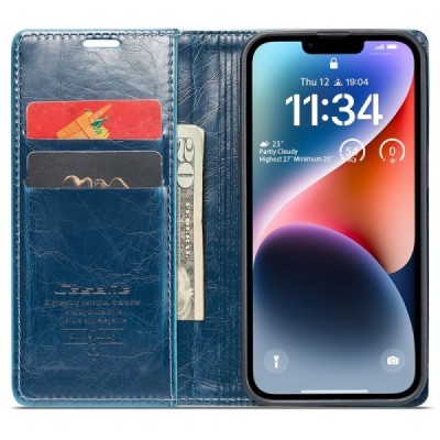 Apple iPhone 15 „CaseMe“ Leather открываемый, cинего цвета, кожаный чехол – книжка | Vacins.lv