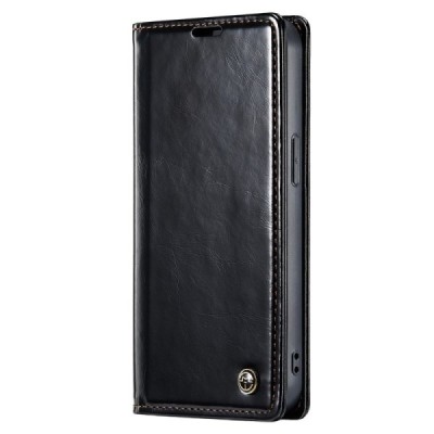 Apple iPhone 15 Pro „CaseMe“ Leather solīds atvēramais ādas melns maciņš - maks | Vacins.lv