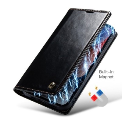 Apple iPhone 15 Pro „CaseMe“ Leather solīds atvēramais ādas melns maciņš - maks | Vacins.lv