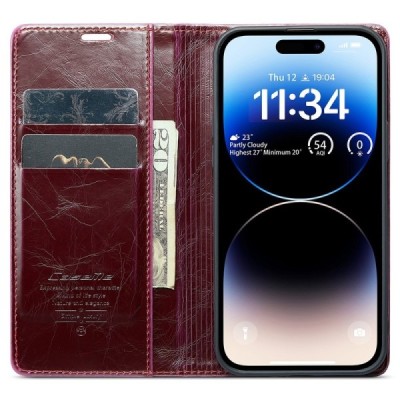 Apple iPhone 15 Pro „CaseMe“ Leather открываемый,бордового цвета, кожаный чехол – книжка | Vacins.lv
