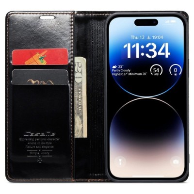Apple iPhone 15 Pro Max „CaseMe“ Leather solīds atvēramais ādas melns maciņš - maks | Vacins.lv