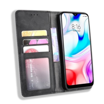 Xiaomi Redmi 8 Vintage melns ādas atvērams maciņš ar magnetu | Vacins.lv