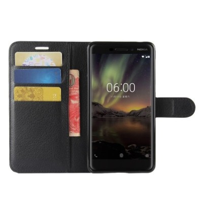 Nokia 6 2018 и Nokia 6.1 „Litchi“ открываемый чёрный кожаный чехол - книжка | Vacins.lv