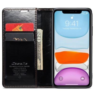 Apple iPhone 11 „CaseMe“ Leather открываемый чёрный кожаный чехол – книжка | Vacins.lv