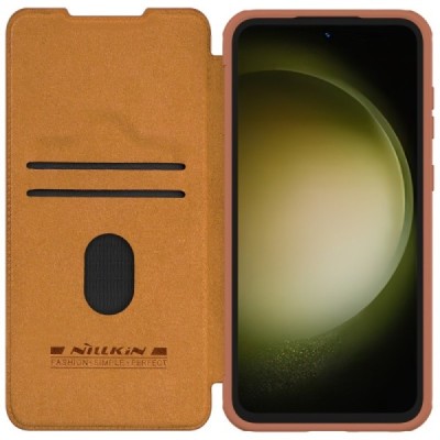 Samsung Galaxy S23 FE (Fan Edition) роскошный серии Nillkin Qin Pro кожаный чехол-книжка - коричневый | Vacins.lv
