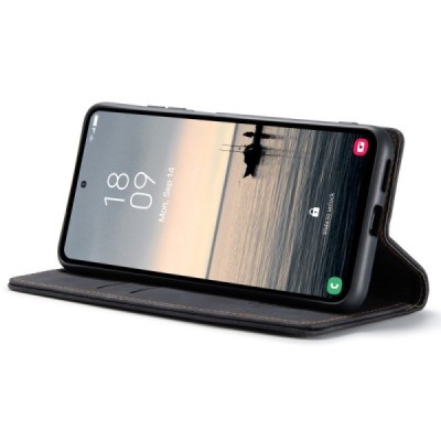 Samsung Galaxy S23 FE (Fan Edition) CaseMe Retro solīds atvēramais ādas melns maciņš - maks | Vacins.lv