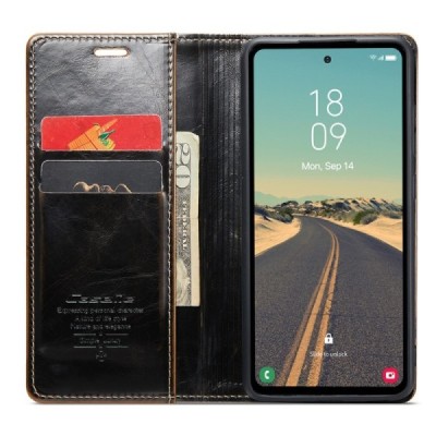 Samsung Galaxy S23 FE (Fan Edition) „CaseMe“ Leather открываемый коричневый кожаный чехол – книжка | Vacins.lv