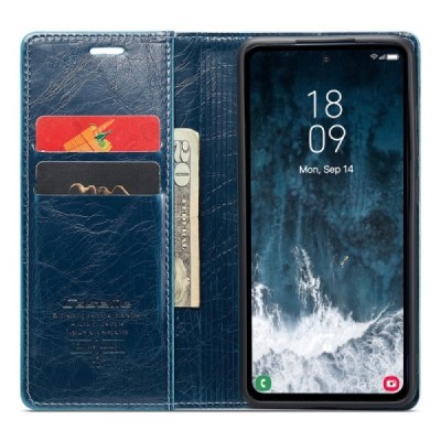 Samsung Galaxy S23 FE (Fan Edition) „CaseMe“ Leather открываемый, cинего цвета, кожаный чехол – книжка | Vacins.lv
