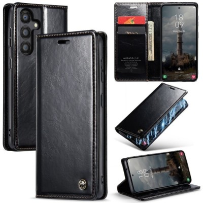 Samsung Galaxy A55 5G (SM-A556) CaseMe Leather solīds atvēramais ādas melns maciņš - maks | Vacins.lv