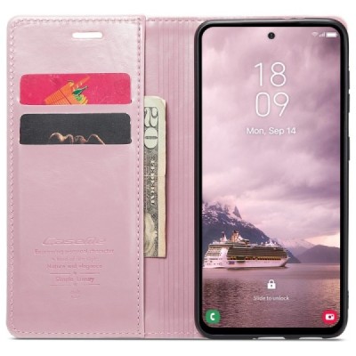 Samsung Galaxy A55 5G (SM-A556) CaseMe Leather открываемый, розового цвета, кожаный чехол – книжка | Vacins.lv