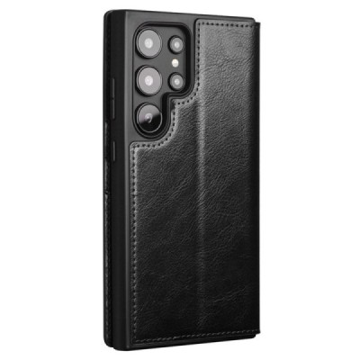 Samsung Galaxy S24 Ultra (SM-S928) „QIALINO“ открываемый чёрный кожаный чехол - книжка | Vacins.lv