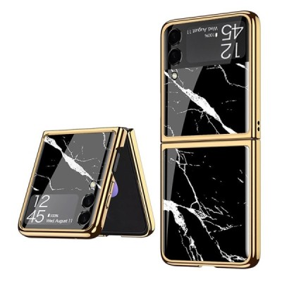 Samsung Galaxy Z Flip3 (F711) GKK Marble melns zelta plastika apvalks | vacins.lv