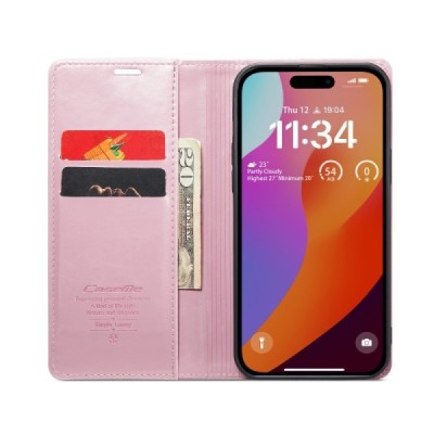 Apple iPhone 16 CaseMe Leather открываемый, розового цвета, кожаный чехол – книжка | Vacins.lv