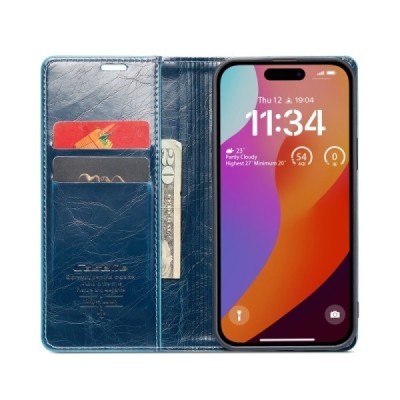 Apple iPhone 16 CaseMe Leather solīds atvēramais ādas zils maciņš - maks | Vacins.lv