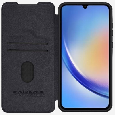 Greznais „Nillkin“ Qin Pro sērijas ādas atvērams melns Samsung Galaxy A55 5G (SM-A556) maciņš | Vacins.lv