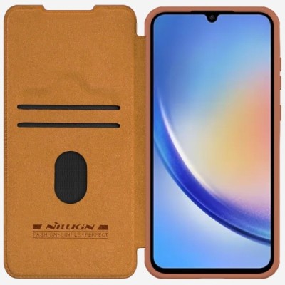 Samsung Galaxy A55 5G (SM-A556) роскошный серии Nillkin Qin Pro кожаный чехол-книжка - коричневый | Vacins.lv