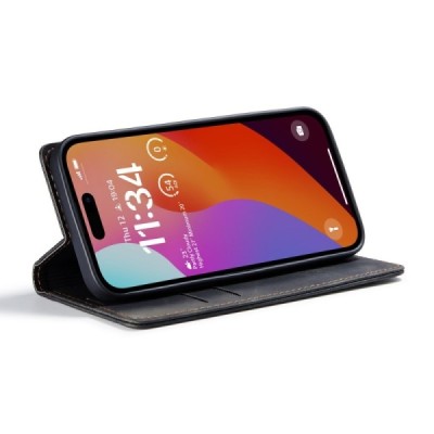 Apple iPhone 16 Pro CaseMe Retro solīds atvēramais ādas melns maciņš - maks | Vacins.lv