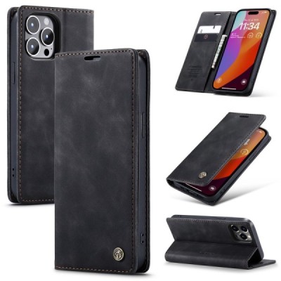 Apple iPhone 16 Pro CaseMe Retro solīds atvēramais ādas melns maciņš - maks | Vacins.lv