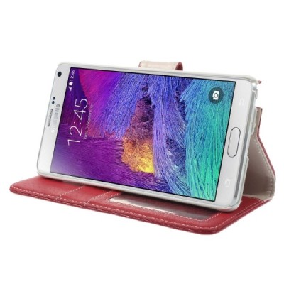 Samsung Galaxy Note 4 (N910) atvēramais sarkans ādas Litchi futrālis - maciņš / Vacins.lv