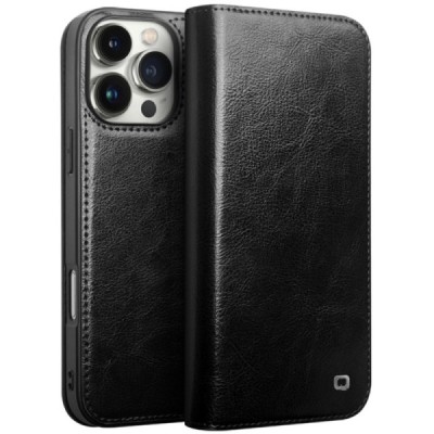 Apple iPhone 16 Pro "QIALINO" открываемый чёрный кожаный чехол - книжка | Vacins.lv
