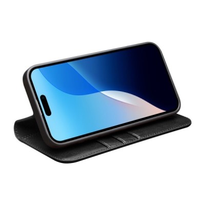 Apple iPhone 16 Pro Max "QIALINO" открываемый чёрный кожаный чехол - книжка | Vacins.lv
