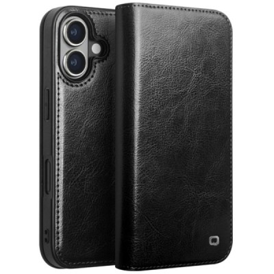 Apple iPhone 16 "QIALINO" открываемый чёрный кожаный чехол - книжка | Vacins.lv
