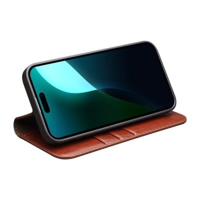 Apple iPhone 16 Plus "QIALINO" открываемый коричневый кожаный чехол - книжка | Vacins.lv