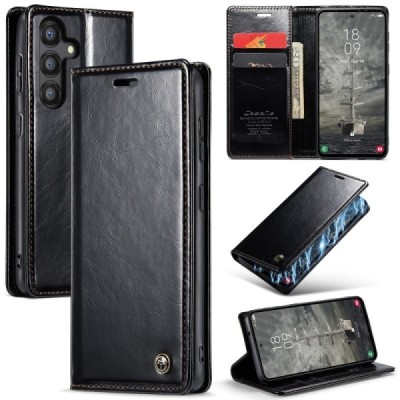 Samsung Galaxy A35 CaseMe Leather solīds atvēramais ādas melns maciņš - maks | Vacins.lv