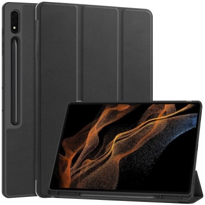 Samsung Galaxy Tab S10 Ultra, S9 Ultra, S8 Ultra чёрный кожаный чехол - книжка с местом для стилуса | Vacins.lv