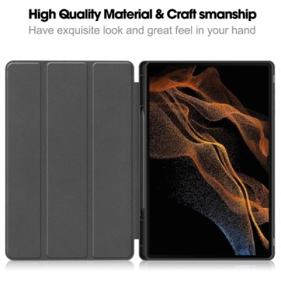 Samsung Galaxy Tab S10 Ultra, S9 Ultra, S8 Ultra чёрный кожаный чехол - книжка с местом для стилуса | Vacins.lv