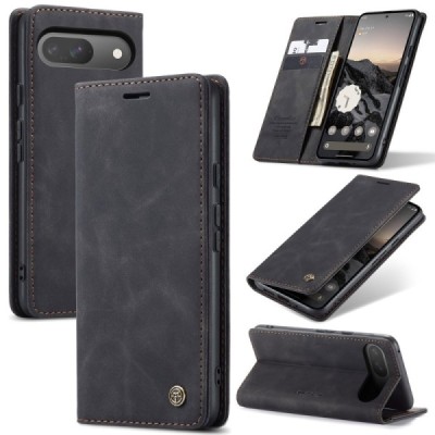 Google Pixel 9 (Pixel 9 Pro) CaseMe Retro solīds atvēramais ādas melns maciņš - maks | Vacins.lv