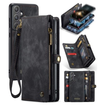 Samsung Galaxy A55 5G (SM-A556) "CaseMe" Retro solīds maciņš ar noņemamu maku - melns | Vacins.lv