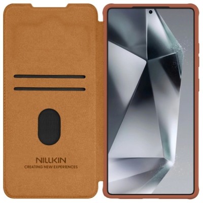 Greznais "Nillkin" Qin Pro sērijas ādas atvērams brūns Samsung Galaxy S25 Ultra maciņš | Vacins.lv