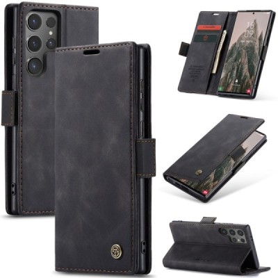 Samsung Galaxy S25 Ultra CaseMe Retro solīds atvēramais ādas melns maciņš - maks | Vacins.lv