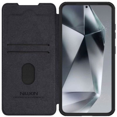 Greznais „Nillkin“ Qin Pro sērijas ādas atvērams melns Samsung Galaxy S25 maciņš | Vacins.lv