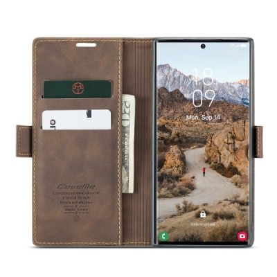 Samsung Galaxy S25 Ultra CaseMe Retro solīds atvēramais ādas brūns maciņš - maks | Vacins.lv