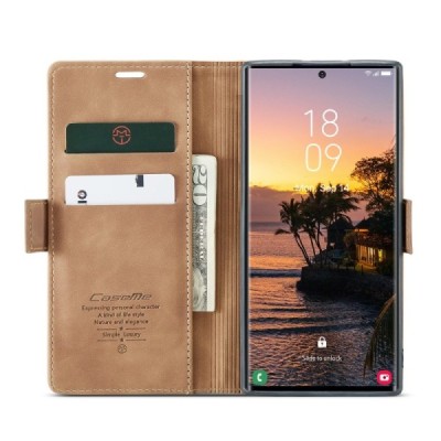 Samsung Galaxy S25 Ultra CaseMe Retro solīds atvēramais ādas gaiši brūns maciņš - maks | Vacins.lv